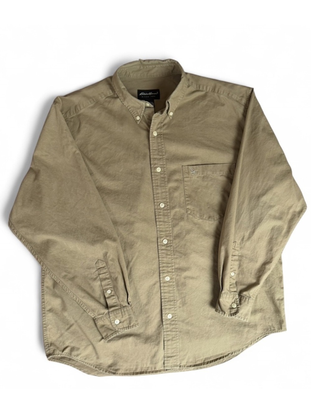 Vintage Eddie Bauer Oxford Shirt Menโs Large Tan Khaki Button Down 100% Cotton
